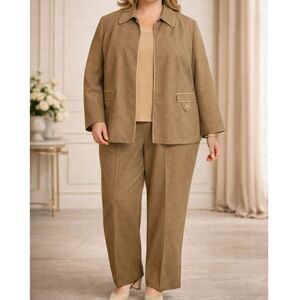 Plus Size 3 Piece Pantsuit Womens 20W Tan Sag Harbor Jacket Top Pants NWT